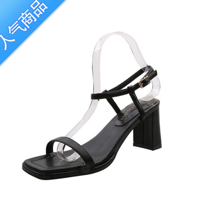 SUNTEK一字带高跟鞋女2023年新款夏季黑色粗跟气质仙女露趾绝美法式凉鞋