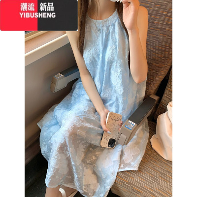 YIBUSHENG挂脖无袖连衣裙女季新款2024宽松时尚设计感度假风薄款刺绣裙子