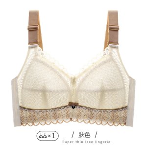 全罩杯薄款无钢圈大码内衣女夏季大胸显小性感蕾丝调整型收副乳罩