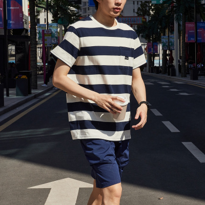[1折价29.9元,叠加优惠券]唐狮 短袖男条纹口袋贴标短袖t男装短袖T恤半袖T恤男