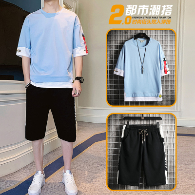 狮臣SHICHEN夏季五分裤一套2020年新款休闲运动套装男韩版百搭男士套装五分袖T恤男两件套潮流圆领短袖TZ2530天蓝L