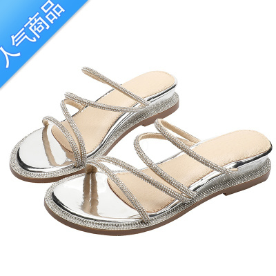 SUNTEK坡跟凉鞋女2023年新款夏季中跟时装仙女风粗跟罗马一字带水钻百搭