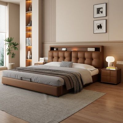 意式轻奢真皮床现代简约主卧室双人床家用多功能储物床软包大婚床