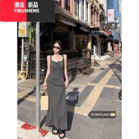 YIBUSHENG灰色吊带裙辣妹长裙修身连衣裙女季气质收腰显瘦包臀裙背心裙子