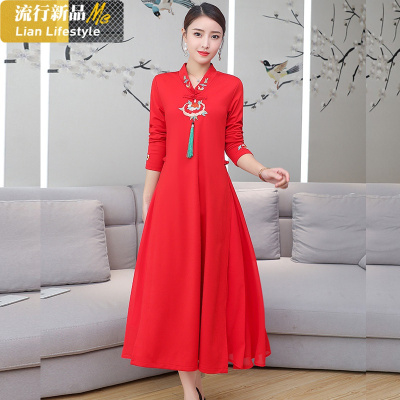 恋名媛旗袍改良版连衣裙秋装2020年新款大码红色长袖胖MM中国风民族风女大码女装