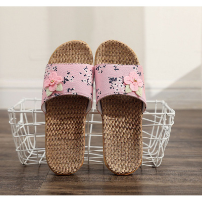 LelepiG小清新小花亚麻盆底室内居家女士韩系春秋夏季亚麻凉拖鞋