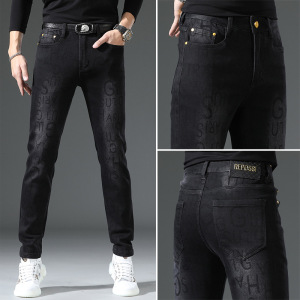 欧货印花牛仔裤男夏新款季潮牌潮流修身小直筒休闲牛仔长裤子