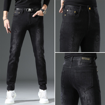 欧货印花牛仔裤男夏新款季潮牌潮流修身小直筒休闲牛仔长裤子
