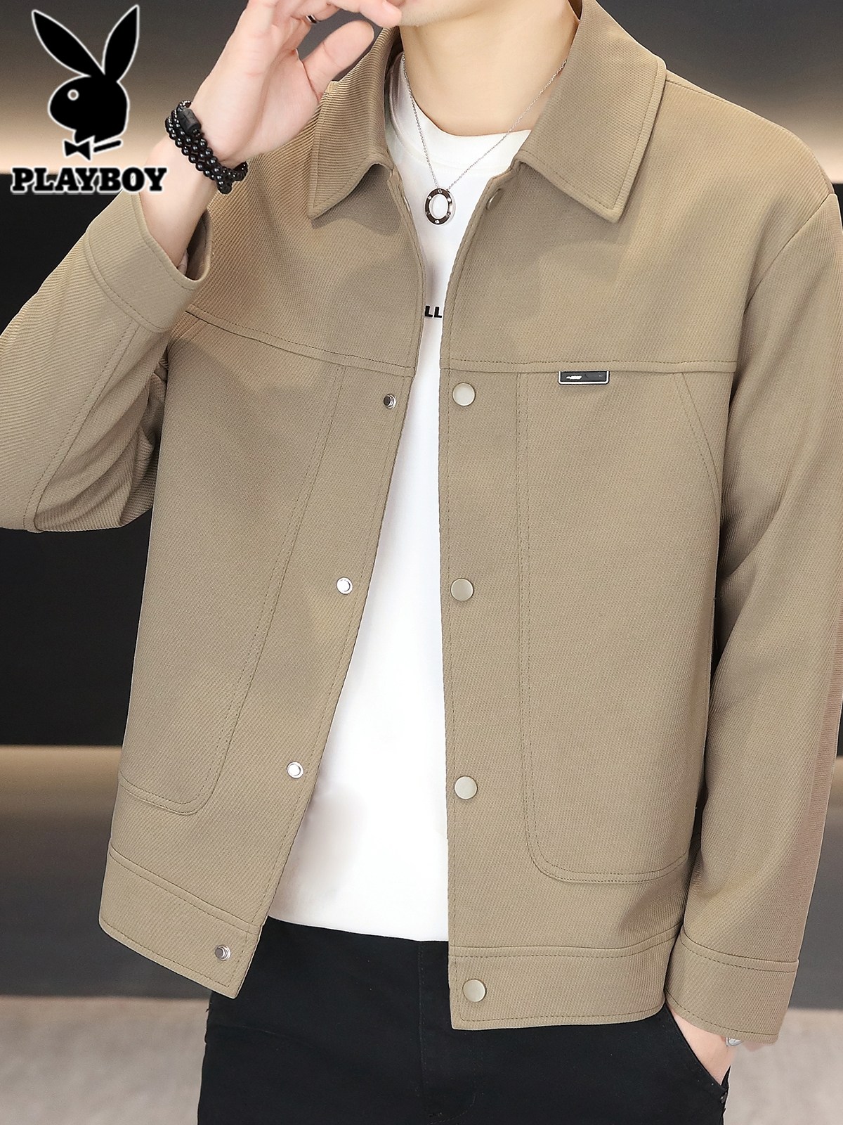 花花公子翻领夹克男士2025秋季新款高端暗扣上衣服宽松休闲外套男
