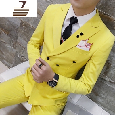 NEWLAKE双排扣西服套装男韩版修身商务职业正装新郎结婚礼服小西装S到4XL
