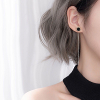 s925银黑色圆形耳线新款耳环女气质长款流苏圆脸显瘦简约百搭耳饰