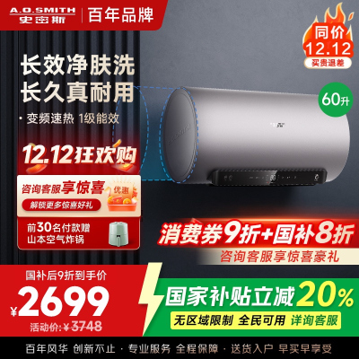 AO史密斯电热水器60升 短款 国家补贴 80吨长效净水洗 免清洗 3kW变频速热 金圭特护 E60ED6-B