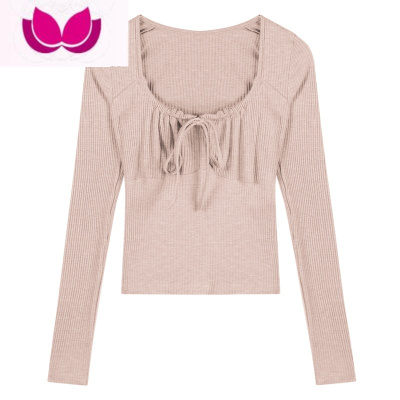 七斓纯欲方领系带长袖T恤女春季2023新款粉色抽绳内搭短款打底衫上衣