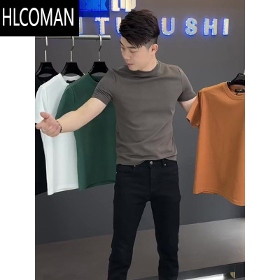 HLCOMAN2025夏季时尚修身纯色弹性透气修身潮流圆领百搭打底体恤短袖男士