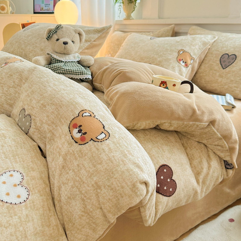 秋冬卡通牛奶绒被套单件三件套四件套加绒加厚珊瑚绒被罩被单4_563