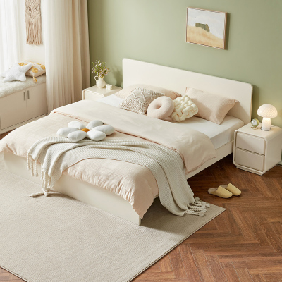 全友家居奶油风简约床屏百搭大白窄边床身双人床卧室家具
