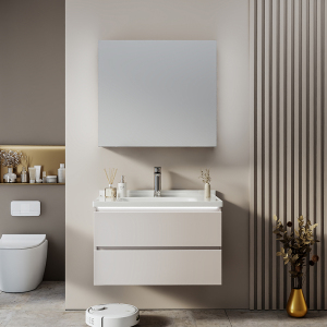 KUBIDE/酷比得[陶瓷一体盆][普通镜柜]奶油风轻奢简约实木柜浴室柜组合洗漱