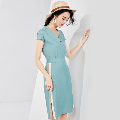 欧昵雪夏季气质V领短袖上衣半身裙两件套女休闲时尚套装