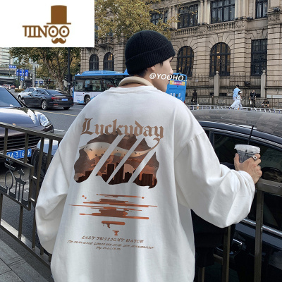 YANXU卫衣男士秋季新款打底衫ins长袖t恤宽松圆领创意印花男生美式上衣