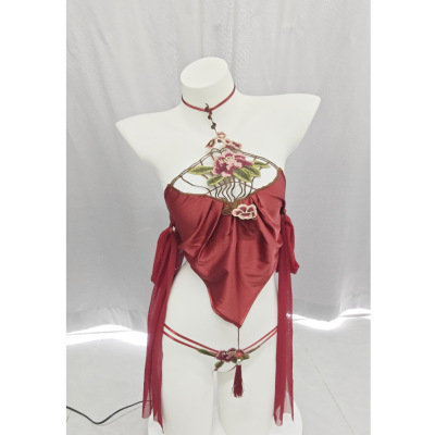 长夜漫漫情趣内衣性感古风牡丹刺绣挂脖肚兜系带镂空制服套装2402