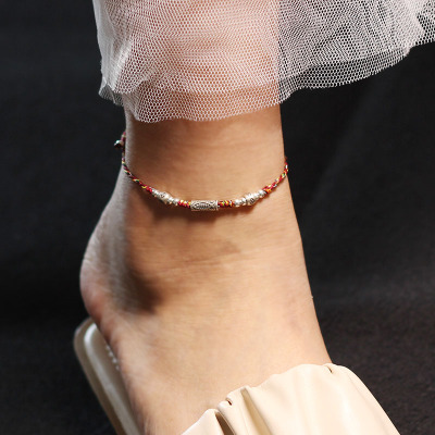 复古森系银饰 好运锦鲤红绳简约气质百搭小众设计感脚链纯银脚链送女朋友老婆情人节七夕生日礼物