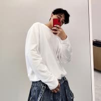 SUNTEK春季简约百搭内搭白色帅气毛圈棉色圆领打底衫长袖T恤男情侣T恤