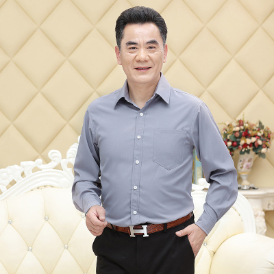 2019年秋季新款时尚商务爸爸装长袖衬衫中老年40-50岁男装宽松休闲中年男士免烫薄款衬衣纯色简约百搭款上衣服串得起