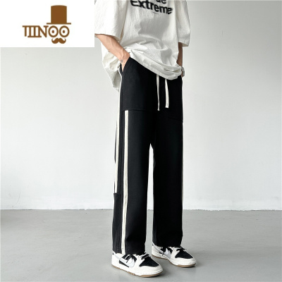 YANXU夏季卫裤男条纹拼接日系直筒潮牌垂感宽松阔腿休闲百搭运动长裤子