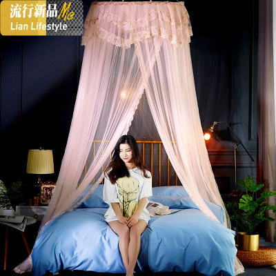 2018新款公主风吊顶式圆顶蚊帐1.8m床2.2双人家用落地1.5米免安装 三维工匠