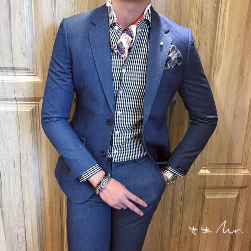 韩国秋冬休闲西服套装男士韩版修身时尚小西装外套青年百搭潮复古黑灰色上衣+裤子