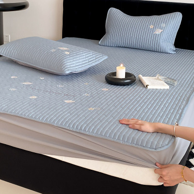 A类全棉长绒棉绗缝夹棉刺绣床笠三件套四季通用床垫保护罩粉咖色