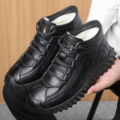 羊毛雪地棉鞋高帮皮鞋男鞋真皮加绒加厚棉靴保暖冬鞋厚底冬季新款