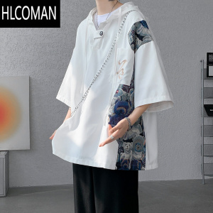 HLCOMAN中国风连帽短袖T恤男夏季潮牌新中式男装青少年大码冰丝半袖体恤