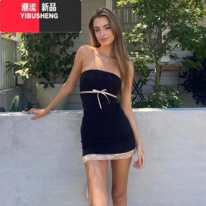 YIBUSHENG##小清新设计感蝴蝶结系带连衣裙女 蕾丝拼接性感抹胸短裙