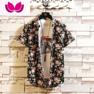 七斓夏季港风个性大花纹寸衣潮流印花短袖衬衫男碎花半袖衬衣发型师韩