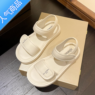 SUNTEK时装凉鞋女2023夏新款软底踩屎感罗马鞋百搭魔术贴外穿沙滩鞋