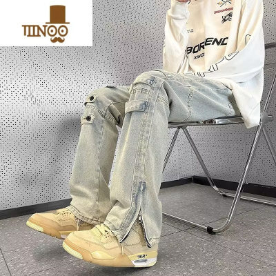 YANXU直筒牛仔裤男秋季宽松微喇复古vibe长裤美式潮牌高街痞帅休闲裤子