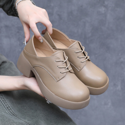 24春秋季新款真皮厚底小皮鞋英伦风圆头系带单鞋大码防水太松糕鞋