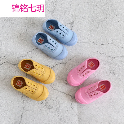 锦铭七玥2018春新款儿童全棉帆布鞋一脚蹬懒人鞋韩版彩色软底宝宝学步布鞋