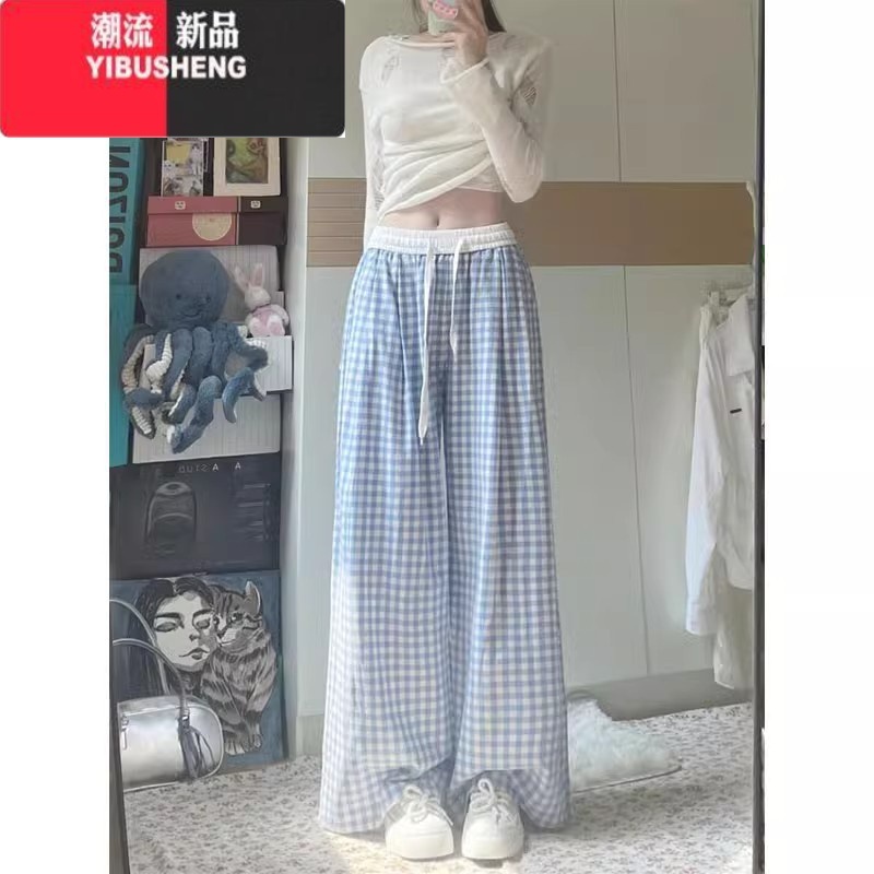 YIBUSHENG韩系松弛感蓝色格子假两件阔腿裤女薄款垂感高腰显瘦宽松休闲裤