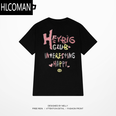 HLCOMANNELY创意字母印花短袖T恤男女圆领夏新款2025宽松潮流上衣