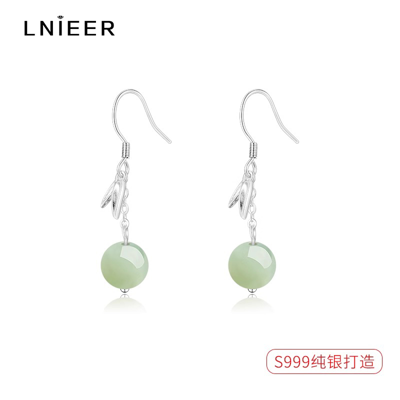 国风999纯银耳环女耳钉竹叶和田玉耳坠森系国潮小众设计长款耳饰送女朋友老婆情人节七夕生日礼物