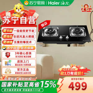 海尔燃气灶双眼灶天然气4.5kW一级能效钢化玻璃面板下进风电子脉冲点火热电偶熄火保护台嵌两用直燃火730×420mm