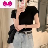 七斓纯色正肩T恤女夏季韩版2023新款圆领百搭基础款修身显瘦短袖上衣