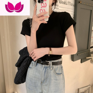 七斓纯色正肩T恤女夏季韩版2023新款圆领百搭基础款修身显瘦短袖上衣