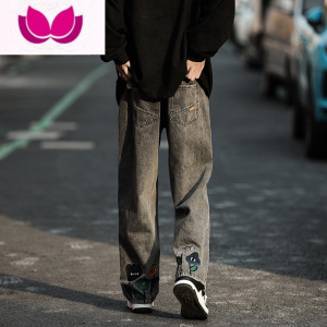 七斓小花水洗牛仔裤男款宽松直筒美式复古oversize裤子高街国潮牌百搭