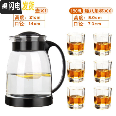 三维工匠玻璃冷水壶可高温防爆家用大容量凉白开凉水壶耐热花茶壶泡茶套装 黑色茶艺壶2+6只矮八角杯开水不裂破损包赔茶具