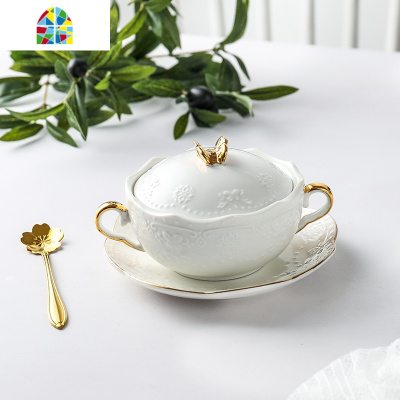 欧式燕窝小碗金边双耳蒸蛋碗陶瓷甜品糖水碗带盖套装鱼翅银耳汤盅 FENGHOU 方盘+盖碗+金勺(白色)