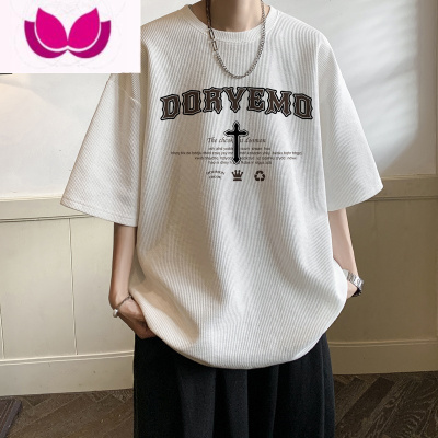 七斓港味chic华夫格短袖男设计感小众印花T恤ins夏季大码半截袖