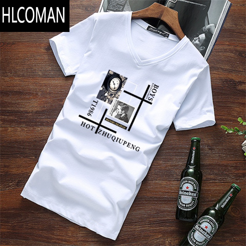 HLCOMAN2025夏季上衣新款白色t恤男短袖v领潮青年韩版修身百搭体恤衫